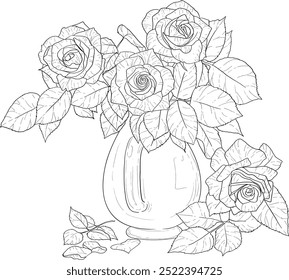 Elegant line art roses. Flower bouquets. Trendy floral illustration of  branches, leaves, flowers. Vector elements for logo, invitation cards, save the date,  tattoo.