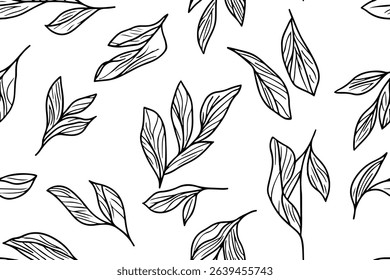 Elegant line art seamless leaf pattern, ideal for home decor, fashion textiles, and stationery. Perfect for fabric printing and minimalist designs.