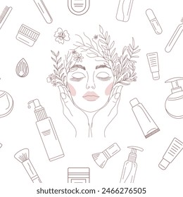  Elegant Line Art seamless pattern, skincare Illustration With Beauty Products Arranged In Circular Pattern for beauty salon, health industry, makeup artist.
