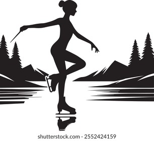 Elegant line art silhouette vector design of a girl ice skater gracefully gliding on a frozen lake, capturing the beauty of winter and the artistry of figure skating.