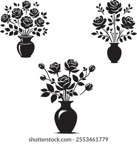 Elegant line art silhouette vector illustration design of roses in a vase, showcasing minimalist beauty and timeless charm for creative projects.