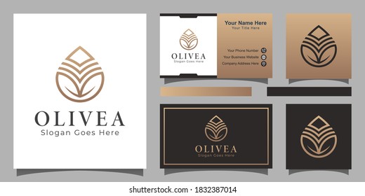 elegant line art style olive droplets nature logo, water drop, can be used to beauty care, spa, healthy, brand, cosmetics within business card design