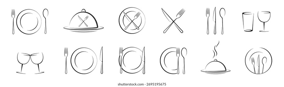 Vajilla elegante del arte de la línea y utensilios de comedor fijados aislados en fondo transparente
