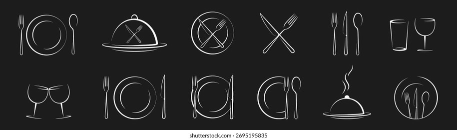 Elegante línea de arte vajilla y utensilios de comedor conjunto aislado