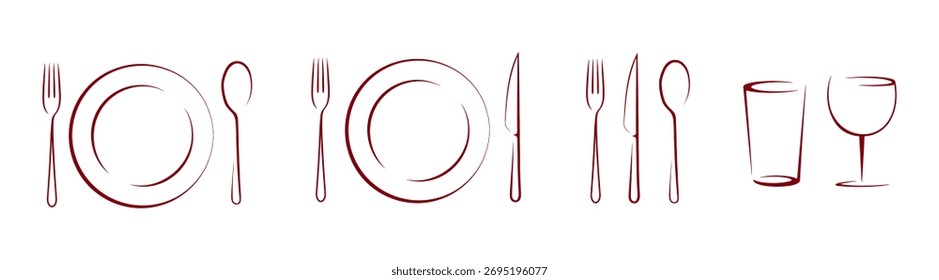 Vajilla elegante del arte de la línea y utensilios de comedor fijados aislados en fondo transparente