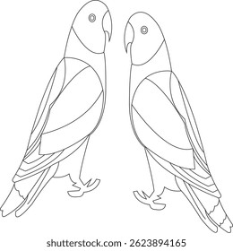 Elegant line art of two parrots facing each other, drawn in a minimal and symmetrical style. Perfect for love-themed designs, tattoos, greeting cards, coloring books, and decorative art. Isolated on a