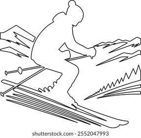 Elegant line art vector design of a skier gracefully gliding down a snowy slope, capturing the motion and thrill of winter sports with minimalist precision.