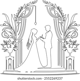 Elegante design vetorial de arte de linha capturando um casal trocando votos em um altar de casamento, com detalhes delicados destacando o momento íntimo e atemporal.