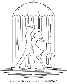 Elegant line art vector design of a couple dancing in the rain, capturing romantic movement and flowing umbrella details in a minimalist style.