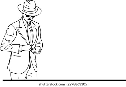 "Elegant Line Art Vector Illustration of a Gentleman in a Suit and Hat"
"Stylish Line Art Illustration of a Suave Gentleman in a Suit and Hat"