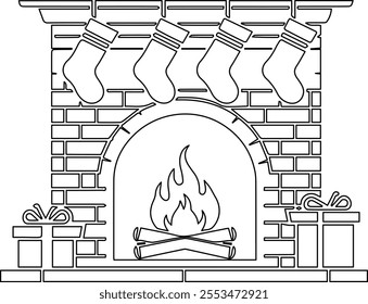 Elegant line art vector illustration showcasing festive stockings hanging over a cozy fireplace, perfect for holiday-themed designs and creative projects.