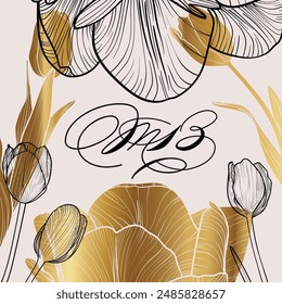 Elegant line art vector tulips. Golden vector tulips hand drawn with delicate details on a soft pink background. 