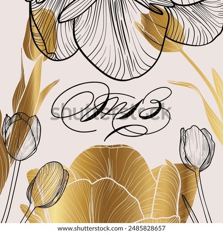 Elegant line art vector tulips. Golden vector tulips hand drawn with delicate details on a soft pink background. 