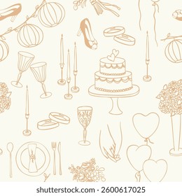 Elegant line art Wedding Pattern. Seamless Vector Background with Hand drawn Coquette ink  Elements