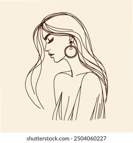 Elegant Line Art of a Woman in Profile with Flowing Hair and Earrings - Minimalist and Graceful Design