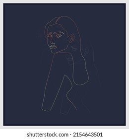 Elegant line art with woman silhouette in continuous line style. Hand-drawn golden contour of female profile. Modern golden linear female portrait for tattoo, printing, logo, backdrop, etc. 