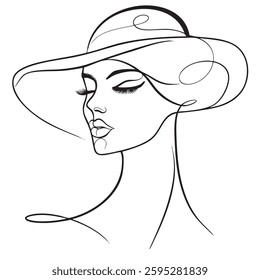 Elegant line art of woman wearing wide brimmed hat, showcasing beauty and grace. minimalist design highlights facial features and hat shape