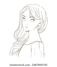 Elegant line art of a young woman with long, flowing hair. She gazes to the side with large and expressive eyes. 