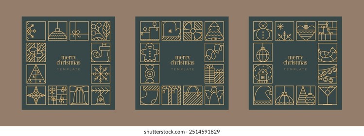 Elegant line Christmas greeting card, invitation, flyer, web banner templates. Luxury xmas, new year festive vector poster with simple Christmas tree, bauble ball, toy, snow flakes.