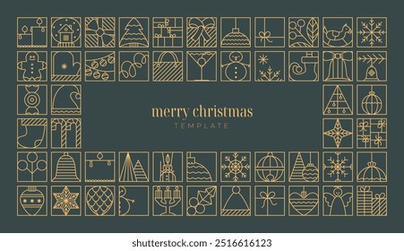 Elegant line Christmas greeting poster, banner templates. Luxury xmas festive vector background with Christmas tree, bauble toys, snowman.