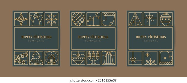 Elegant line Christmas, new year greeting card, invitation templat set. Luxury xmas vector poster with Christmas bauble ball, toy, star, snowflakes.