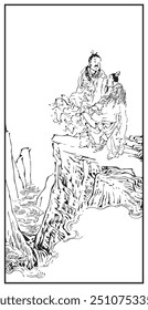 Elegant line drawing capturing two robed figures on a rocky cliff, deep in conversation, overlooking a cascading waterfall and undulating river below.