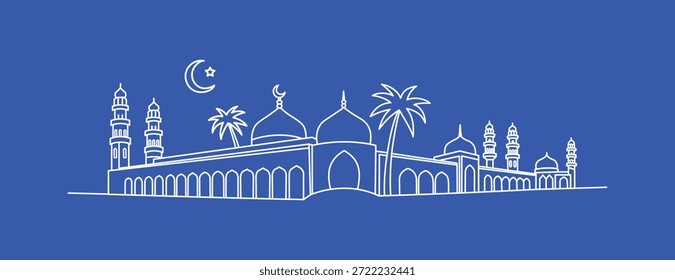 Desenho de linha elegante de uma mesquita islâmica com minaretes e palmeiras