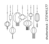 Elegant line drawing of multiple hanging chinese lanterns decorative and festive design