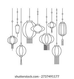 Elegant line drawing of multiple hanging chinese lanterns decorative and festive design