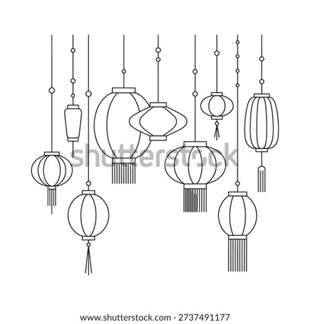 Elegant line drawing of multiple hanging chinese lanterns decorative and festive design