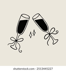 Elegant line drawing of two champagne glasses clinking with bows. Perfect for celebrating special occasions with a focus on joy and festivity