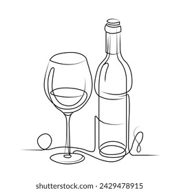 Elegant Line Drawing of Wine Bottle and Glass on a Plain Background