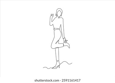 Elegant line drawing of a woman playfully posing with one leg raised, minimalistic style