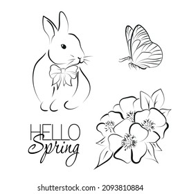 Elegant line drawn of spring set of butterfly, flower, hare. Vector illustration art.