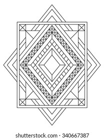 Elegant line medallion with gems. Adult color page with precious stones. Diamond shape, rhombus lines frame. Vector design element. Jewel can be used for logo, icon, certificate, greetings.