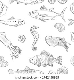 Elegant line sea shells, fish, vector art pattern illustration.