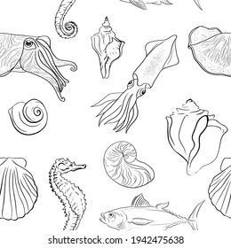 Elegant line sea shells, fish, vector art pattern illustration.