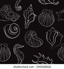 Elegant line sea shells, fish, vector art pattern illustration.