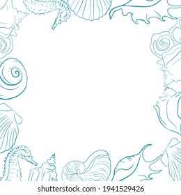 Elegant line sea shells, vector art frame.