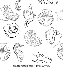 Elegant line sea shells, vector art pattern illustration.