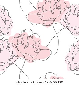 Elegant сontinuous line seamless pattern with rose flowers, design elements. Floral  pattern for invitations, cards, print, gift wrap, manufacturing, textile, fabric, wallpapers