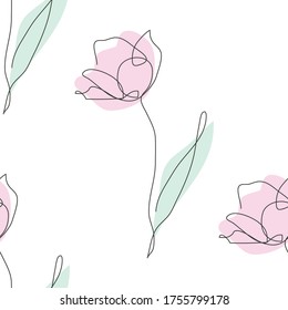 Elegant сontinuous line seamless pattern with tulip flowers, design elements. Floral  pattern for invitations, cards, print, gift wrap, manufacturing, textile, fabric, wallpapers