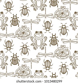Elegant line style insect vector seamless pattern. Gold and white beetles, frogs and dragonfly repeat texture.