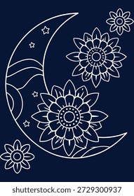 Desenho linear elegante de uma lua crescente e elementos florais, perfeito para projetos de festivais islâmicos e projetos artísticos.
