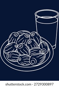 Elegant Linear Drawing of Dates and a Glass of Water, Perfect for Ramadan or Eid Celebrations and Islamic Cultural Designs