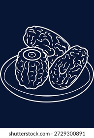Elegant Linear Drawing of Dates on a Plate, Artistic Illustration in White on Dark Blue Background, Perfect for Islamic Festival Designs