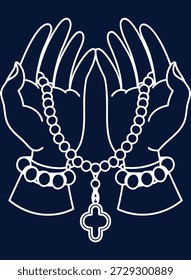 Elegant Linear Drawing of Praying Hands Holding Islamic Prayer Beads, a Symbol of Faith and Devotion, Perfect for Religious or Cultural Designs