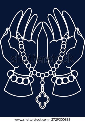 Elegant Linear Drawing of Praying Hands Holding Islamic Prayer Beads, a Symbol of Faith and Devotion, Perfect for Religious or Cultural Designs