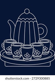 Dibujo lineal elegante de la tetera y de las tazas en la bandeja, estilo del arte islámico, perfecto para las decoraciones festivas y los Diseños culturales