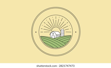 Elegant linear farm logo inside a circular badge depicting a cozy barn green fields and rising sun rays.
